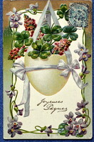 Antik dombornyomott Húsvéti üdvözlő litho képeslap 4levelű lóhere  ibolya tojás