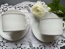 Pair of snow-white bone china ribbed cappuccino or tea cups