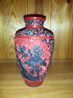 Régi piros-fekete keleti kerámia váza, piros fekete 15cm váza