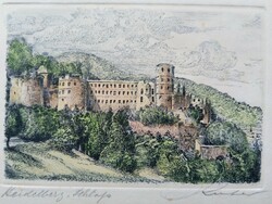 Heidelberg Schloss (Kastély) szinezett rézkarc
