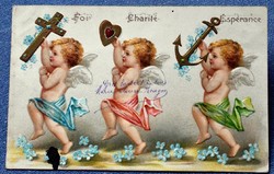 Antik dombornyomott üdvözlő litho képeslap  Hit Remény Szeretet angyalkák arany szív kereszt horgony