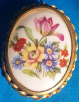 Régi aranyozott réz bross Limoges porcelánnal