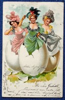 Antik Húsvéti üdvözlő litho képeslap szép hölgyek tojásban