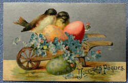 Antik ezüst hátterű Húsvéti üdvözlő litho képeslap  verebek talicska tojás nefelejcs
