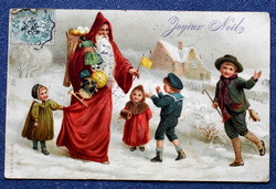 Antik Karácsonyi üdvözlő litho képeslap Mikulás puttonnyal játékok gyerekek téli táj