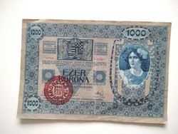 Crisp 1000 kroner with 1902 Hungary stamp