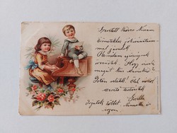 Régi képeslap levelezőlap gyerekek zongora rózsa