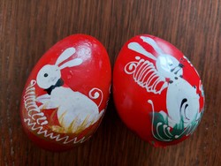 Old painted red egg white bunny retro Easter wooden egg