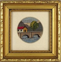 1M371 old needle tapestry: waterfront house with bridge