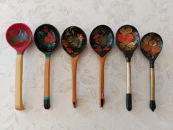 Old Russian folk art decorative spoon painted wooden spoon 6 pcs