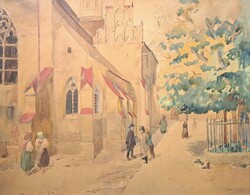 Mirkva-Halász János (1881-1927): Lőcse, Szent Jakab templom (akvarell) felvidéki festő, Szlovákia