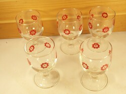 Retro old glass stemmed glass - short drinking alcohol with painted flower pattern - set of 5 glasses
