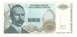 100 millió 100000000 dínár 1993 UNC Bosznia Hercegovina Banja Luka