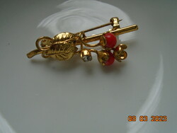 2 pcs small coral ball, faceted, pearl, artistically patterned flower leaf gilded brooch