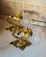 Pair of graceful glass-encrusted copper wall arms, adjustable head, night light, antique