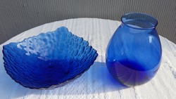 Kék üveg  váza és kínáló tál együtt