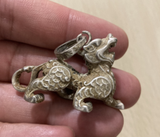 Old Antique Tibet Nepal China Lion Mystic Dragon Silver Plated Large Brass Pendant Talisman