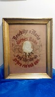 Antique nun's work, Virgin Mary wall picture with framed glass.