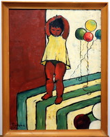 Little girl with balloons, charming oil painting, marked