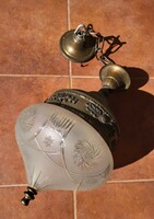 100-year-old ceiling pendant lamp, copper chandelier, with original polished glass shade