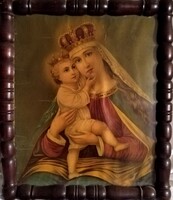 Régi szentkép! Mária a gyermekkel! Szép fa keretben, üveg mögött (NYOMAT) 54x55cm!
