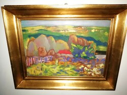 Jenő Gadányi: landscape with a lake and houses - framed oil painting.