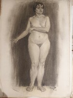 Signed graphic pencil and charcoal drawing by the painter Ferenc Nagy - female nude from the 1915s -418