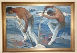 Lindenfeld Emil (1905-1986): Munkások. Olaj, vászon, 70x100 cm, 1985 körül, réz színű díszkeretben