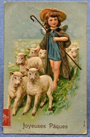 Antik dombornyomott Húsvéti üdvözlő litho képeslap pásztor angyalka bárányok