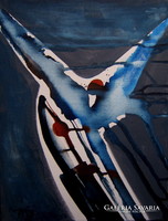 Koppány Attila (1947-) Bajonett (2008) című REPRODUKÁLT akrilfestménye /40x30 cm/