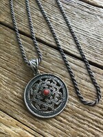 Old handmade long silver necklace with silver pendant and coral stone