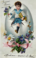 Antik Húsvéti üdvözlő litho képeslap kisfiú kilép a tojásból ibolyával