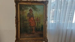 (K) Varga szignós antik festmény 83x67 cm kerettel, sérülések fotózva.