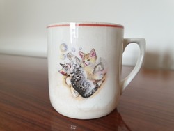 Régi Gránit csésze cicás kávés macska mintás népi kis bögre