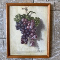 Antique oil painting, grapevine still life
