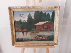 (K) house on the waterfront painting 58x49 cm with frame