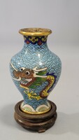 Chinese dragon enamelled copper vase with wooden base