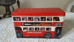 Metal box in the shape of a London double-decker bus, biscuit box