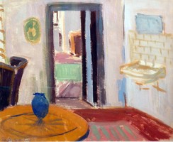 FUTÁSFALVI Márton Piroska (1899-1996) Enteriőr kék vázával festmény, kerettel 52 x 61 cm