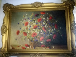 János Lukácsy (1884 - 1944): 'poppies' - large oil painting in blonde frame