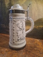 Porcelain jug with tin lid with hunters sitzendorf