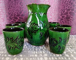 Set of 6 green ceramic wine glasses with wine jug