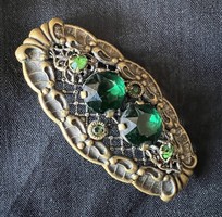 Antik, vintage bizsu bross, kitűző zöld üveg kövekkel
