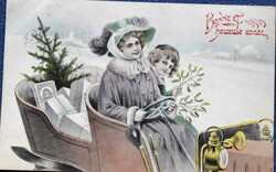 Antik Vienne  stílusú Újévi grafikus üdvözlő képeslap  automobil hölgy kisgyerek ajándékok