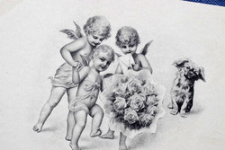 Antik MM Vienne  Wichera grafikus üdvözlő képeslap angyalkák kutyus virágcsokor