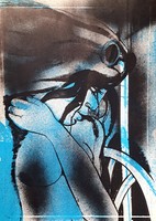 Fernando Farulli: Modern kék női portré, akt - jelzett litográfia, olasz művész XX. század