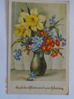 Régi grafikus születésnapi üdvözlő képeslap, vegyes virágcsokor