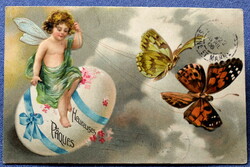 Antik dombornyomott Húsvéti üdvözlő litho képeslap tündér pillangó fogat tojással