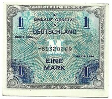 1 márka 1944 Német 8 jegyű sorszám katonai bankjegy 2.