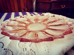 Art deco rózsaszínű üveg tortatál, süteményes tál 30.5 cm átmérő